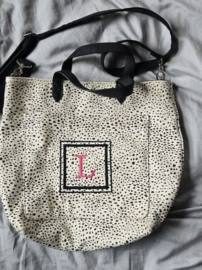 Faux Leather Pocket Tote with Black Trim and Pink Monogram L